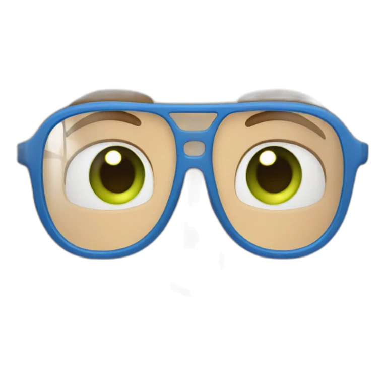 bald guy wearing glasses with a blue frame, green eyes sticker