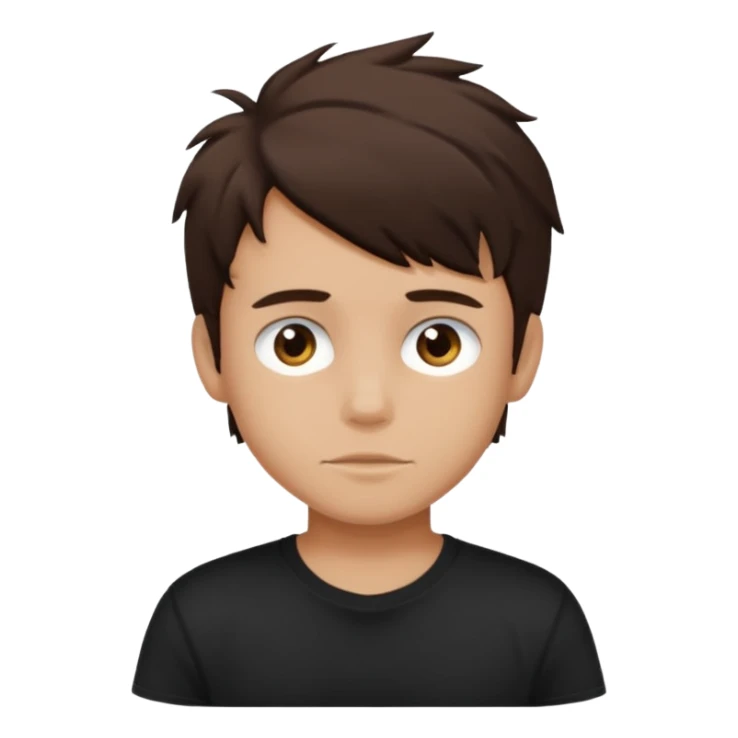 a light tan boy with messy dark brown hair. Wearing a black tshirt sticker