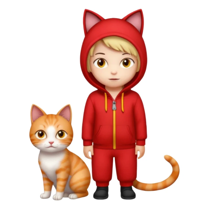 There is a kid wearing all red. Next to him there is a cat that has a red cat outfit and the cat has yellow eyes sticker