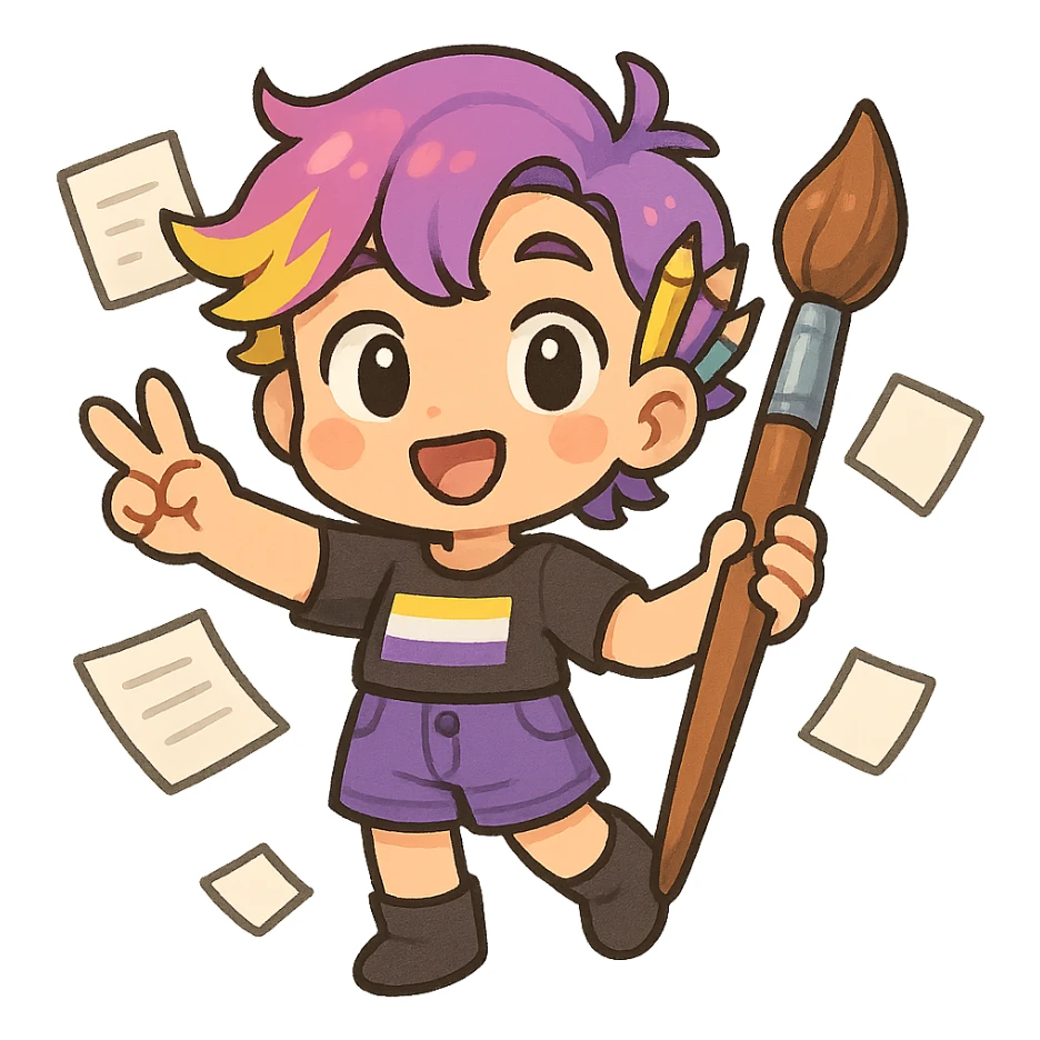 whimsical non-binary cartoon character with sketchbook colorful accessories radiating playful professional energy sticker