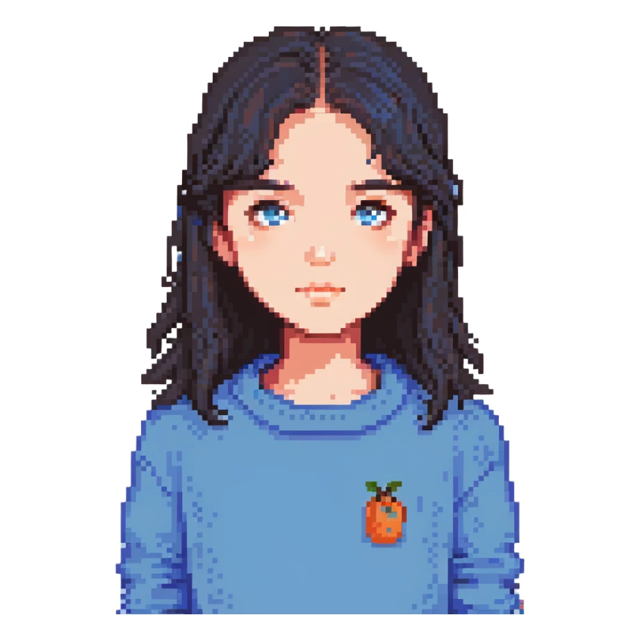a girl with dark hair and a bluish sweater sticker