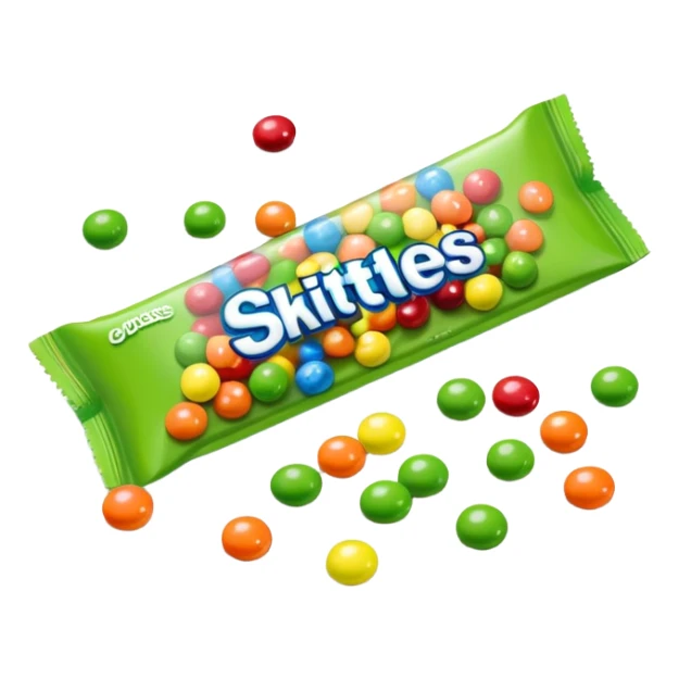 Colorful Skittles package with green candies scattered around it sticker