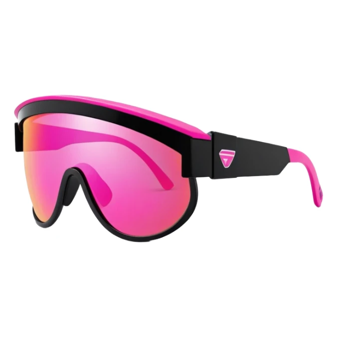 sporty neon pink shield visor sunglasses with thick black frame and integrated elastic strap, oversized one-piece mirrored lens, extremely durable design sticker