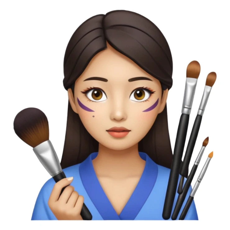 Korean woman applying makeup with various makeup tools, natural expression, bright lighting sticker