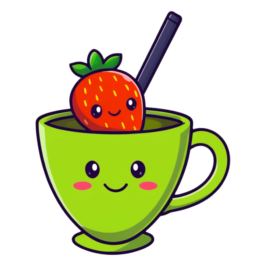 cute cartoon strawberry green tea in a cup with a smiling face sticker