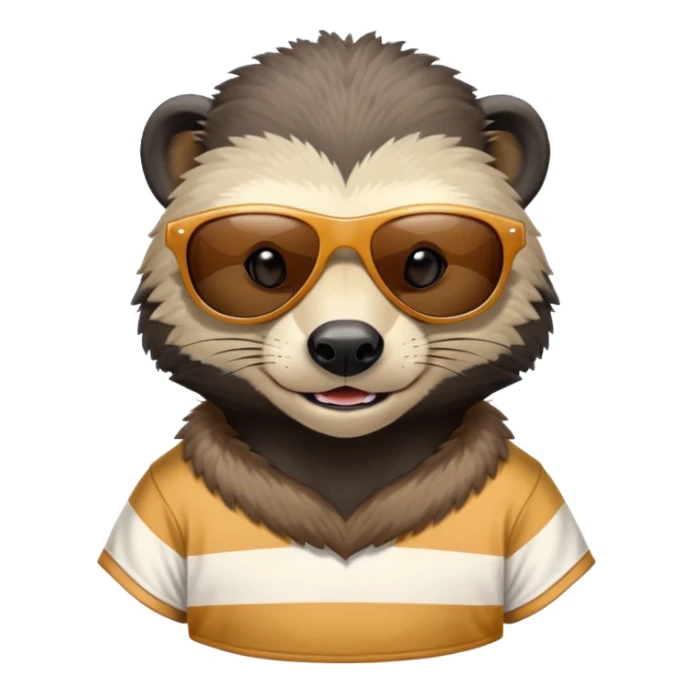 friendly anthropomorphised honey badger, close crop showing head, neck, and top of t-shirt with a striped design, wearing sunglasses sticker