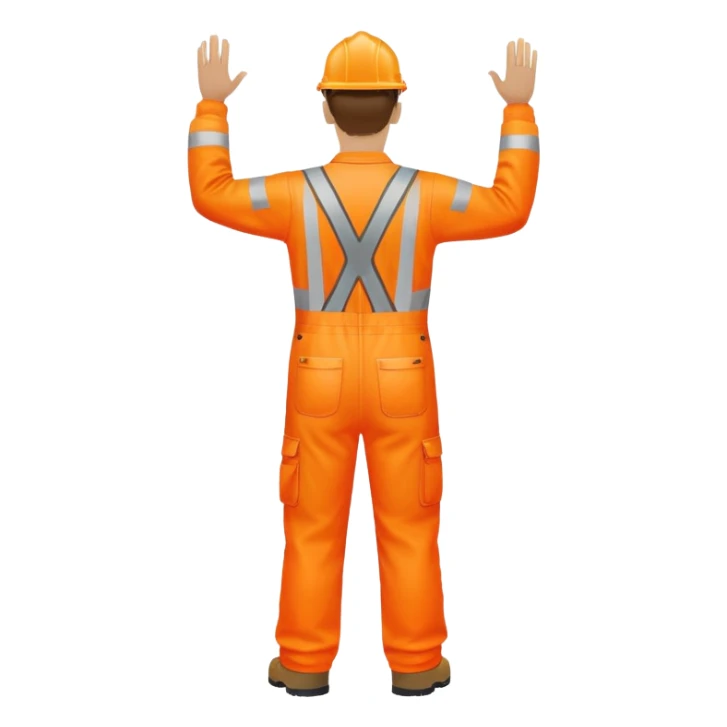 man standing facing away, wearing orange hi visibility overalls  with one arm raised sticker