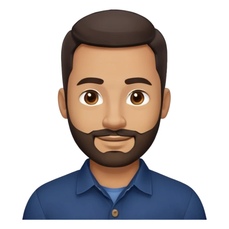 Robust warm-looking man in his early 40s with light brown skin, round face, full cheeks, medium brown eyes, thick eyebrows, wide nose, friendly smile, short neat full beard, very short dark hair, wearing a navy blue button-up shirt sticker