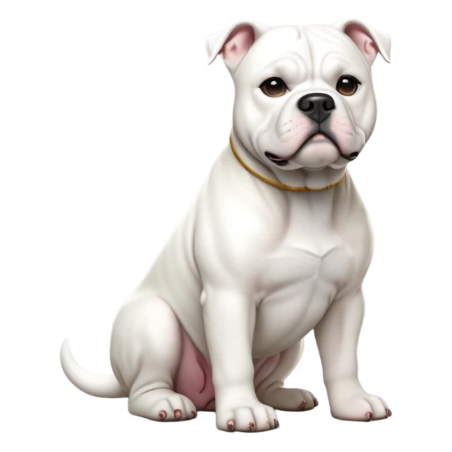 cinematic-[solid white american bulldog]-realistic-full-body-sitting-emoji,-tail-resting-loosely-beside-its-paws,-head-tilted-dramatically,-sleek-[solid white]-fur,-simplified-yet-realistic-focused-features,-highly-detailed,-glowing-with-an-almost-sarcastic-glow sticker