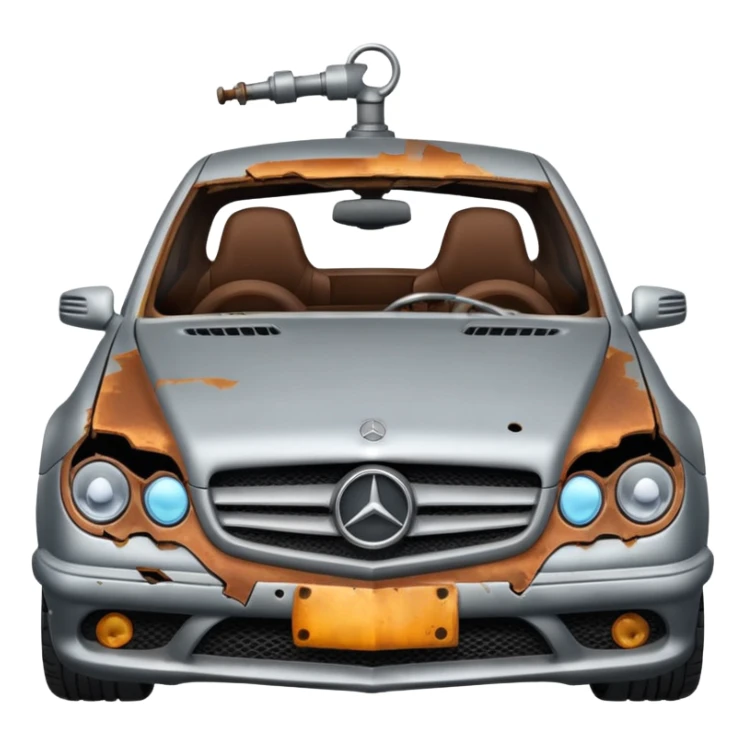 a broken mercedes with steam coming from below the bonnet sticker