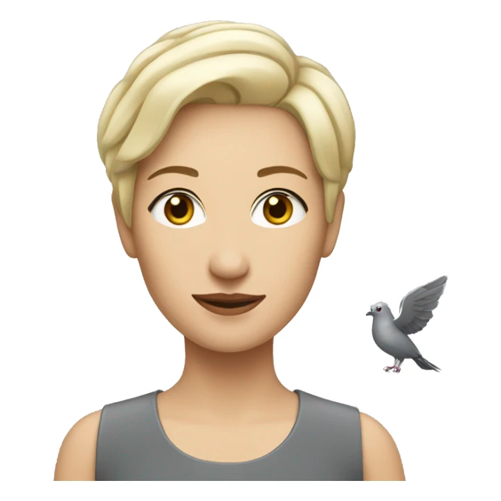 blonde woman with short hair with a gray pigeon on her shoulder sticker