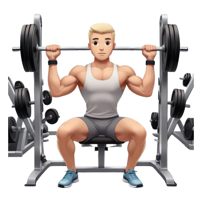 A focused athlete working out on a strength training machine in a modern gym. Muscles engaged, expression determined, demonstrating power and endurance. The gym is filled with equipment like dumbbells, barbells, and mirrors reflecting effort, creating a high-energy atmosphere. sticker