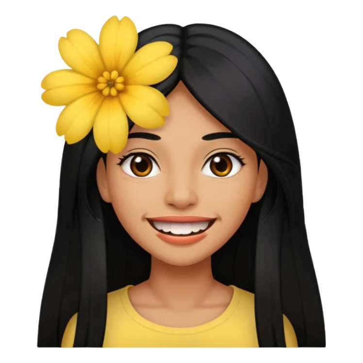 Woman with big teeth, a little tan and long straight black hairs with sticker