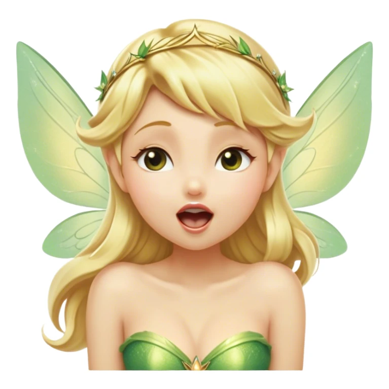 Cinematic Realistic Blonde Tinker Bell Fairy Portrait, head tilted slightly with a dramatic, wide-open yawn, revealing a tender, drowsy visage with intricately detailed golden blonde hair and softly shimmering wings gently drooping. Her sleepy, sparkling eyes exude a dreamy, ethereal charm, while the soft natural light and high shine emphasize every delicate detail—capturing the essence of an enchanting fairy drifting into a magical slumber. sticker