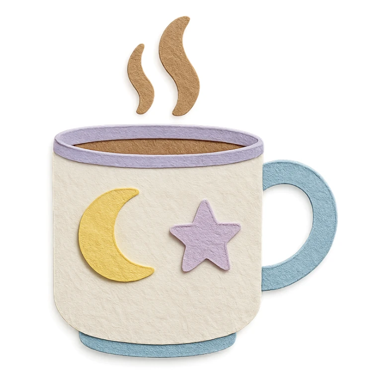 coffee cup with pastel moon and star doodles, hand-drawn style sticker