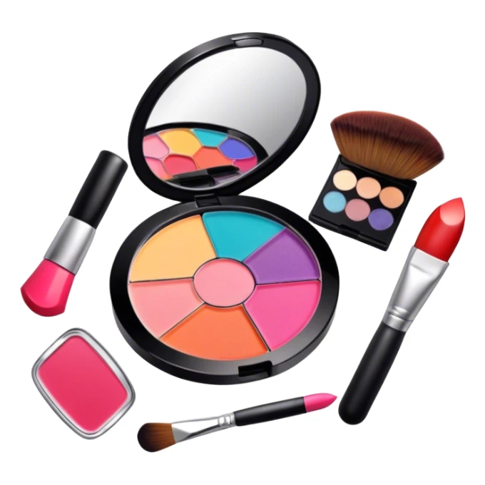 A photorealistic icon featuring makeup brushes, a lipstick being applied, an eyeshadow palette with colors in use and a compact mirror reflecting a half-done makeup look. The design captures the artistry and process of makeup with bright and realistic textures. Transparent background. sticker
