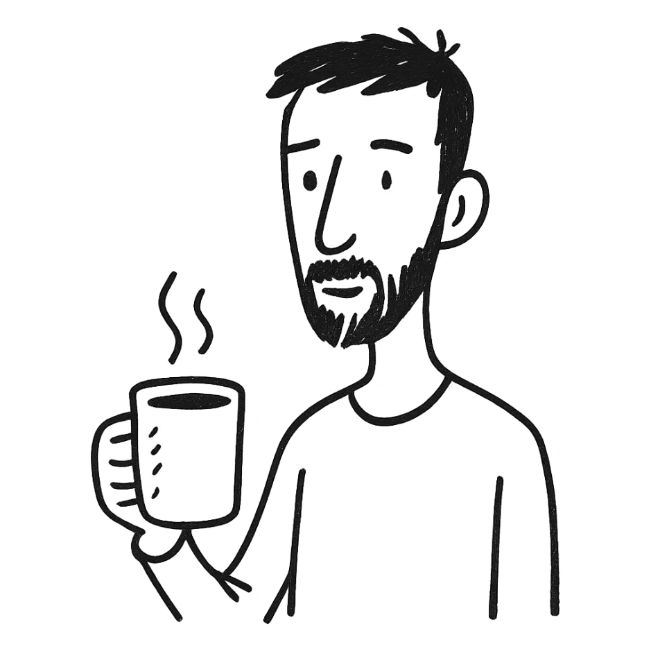 A thin guy with black hair, a long face, black beard, not too thick and long, holding a mug of coffee sticker