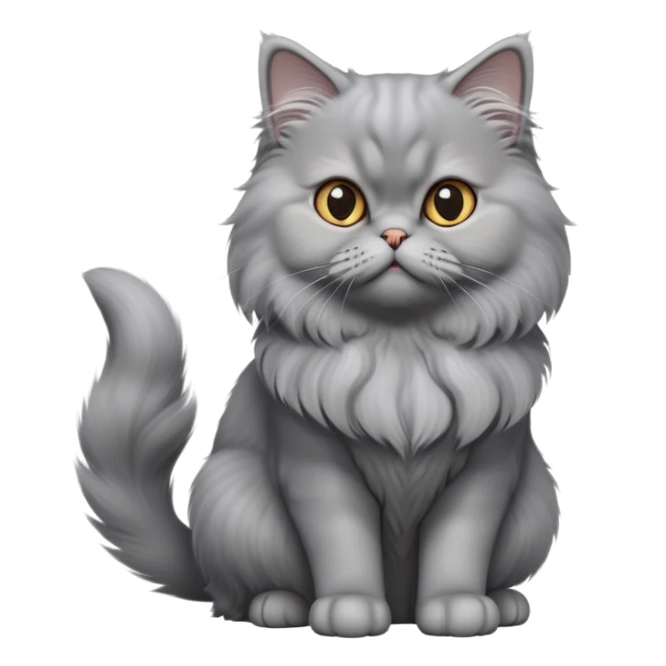 cinematic-[grey persian cat]-realistic-full-body-sitting-emoji,-tail-curled-playfully-around-its-paws,-head-tilted-dramatically,-fluffy-[grey]-fur,-simplified-yet-realistic-focused-features,-highly-detailed,-glowing-with-an-almost-sarcastic-glow sticker