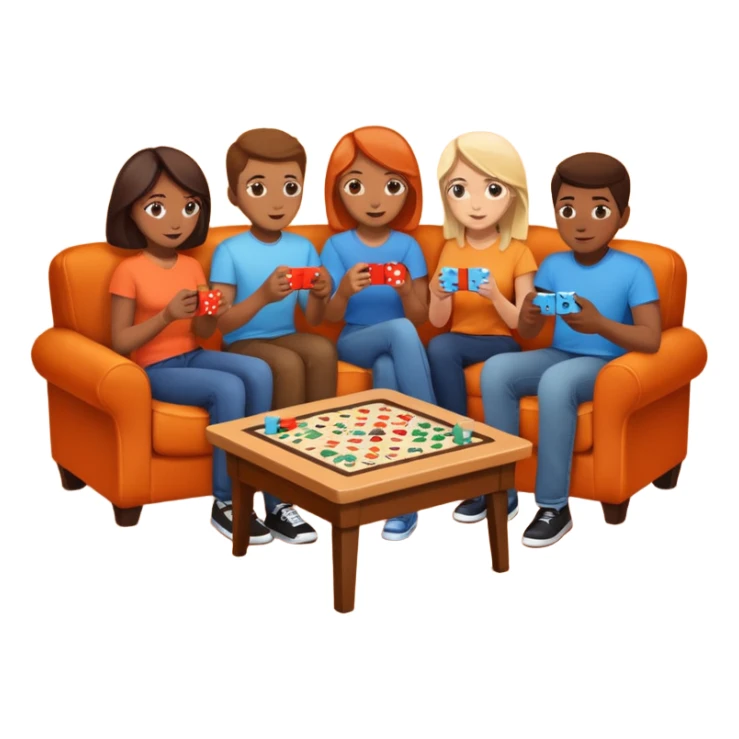 group of friends on couch playing a game couch should be dark orange sticker