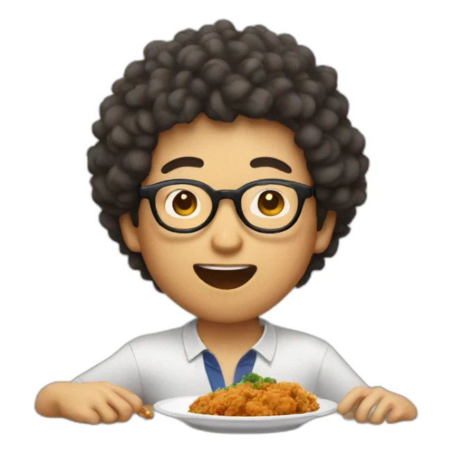 Asian man with round glasses and natural perm eating chicken sticker