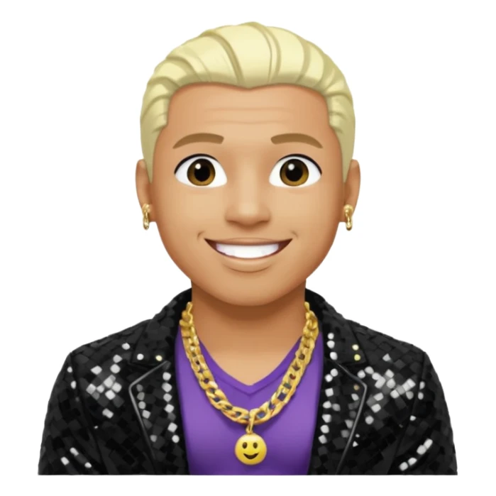 Sisqó with platinum blonde hair, black sequin jacket, shirtless with necklace sticker