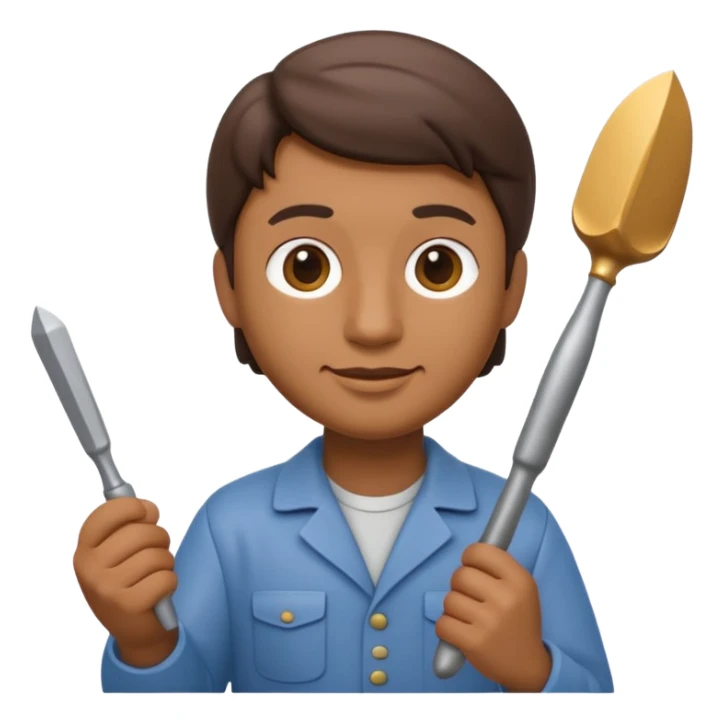 Apple Memoji-style 3D emoji of a sculptor with a small statue and chisel, smooth gradients, rounded edges, no background. sticker