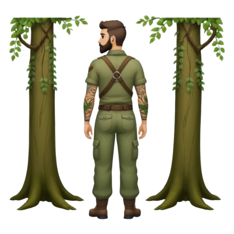 full body ranger style man, medium beard, from behind, low waist forest trousers, vine tattoos across back sticker