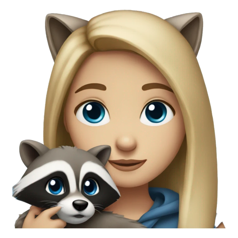 Dark blonde girl with blue eyes hugs a racoon sticker