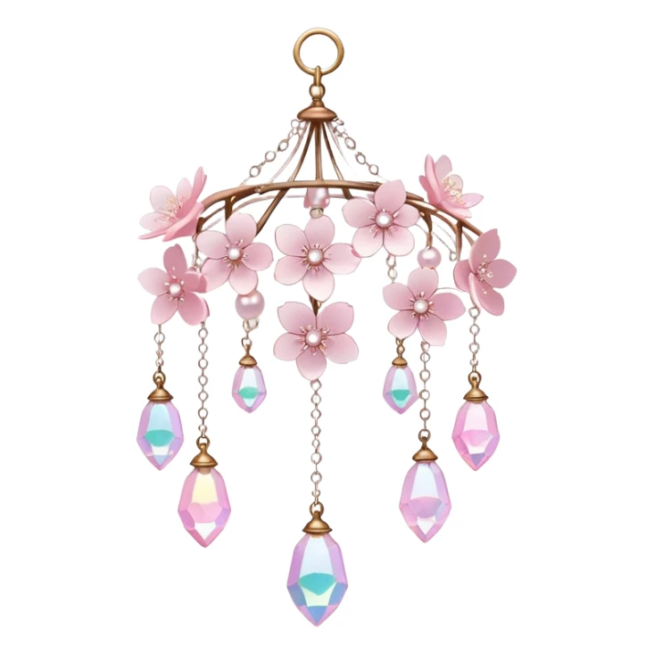 Hanging Iridescent pastel pink sakura crystals white-pearly suncatcher with a tiny bell chandelier sticker