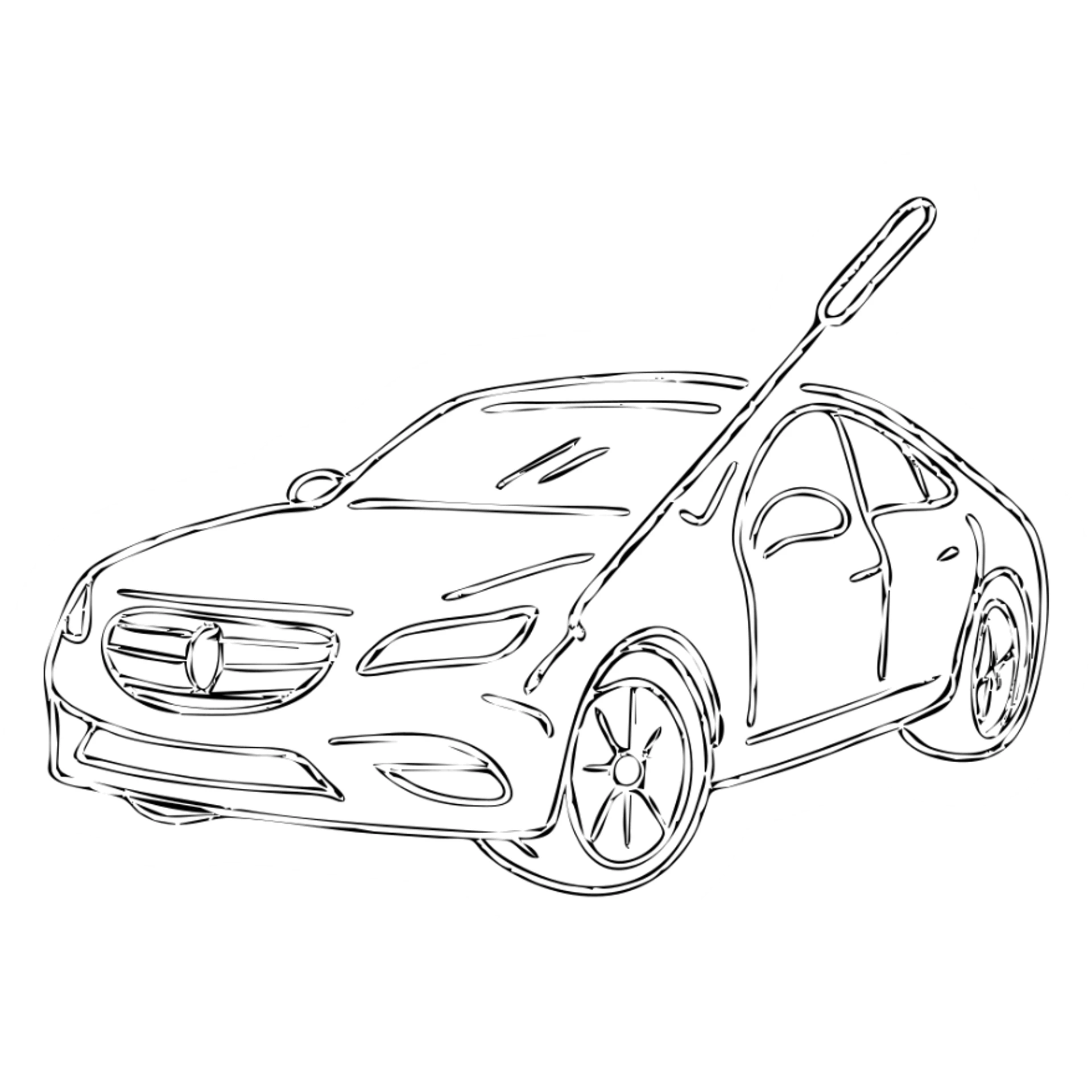 hand-drawn outlined icon of a high-end car with a rod tool touching a dent, matte black, fine silver lines, minimal sticker