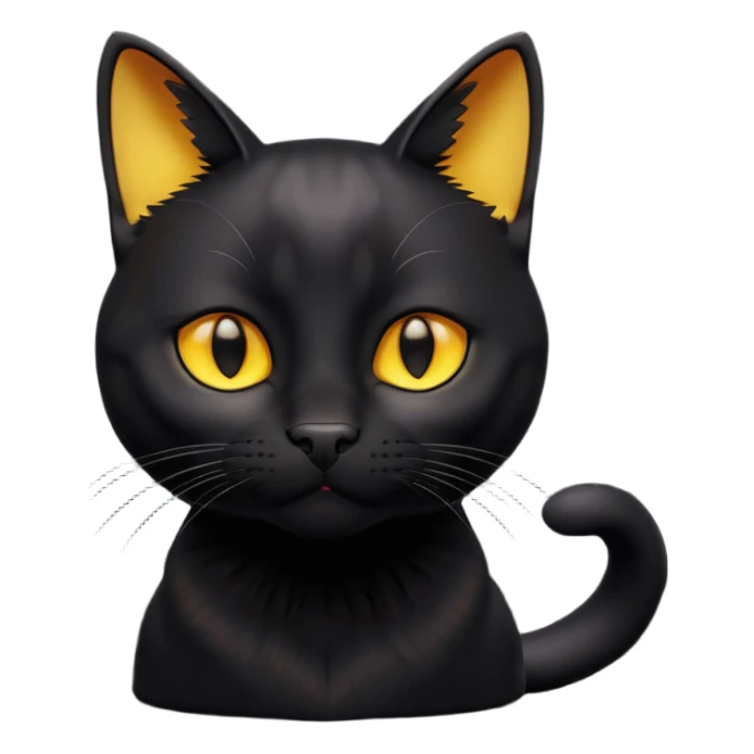 A 3D cartoon jet-black Bombay cat with glossy fur, bright golden eyes, dramatic contrast lighting, Memoji-style cinematic look. full body. sticker