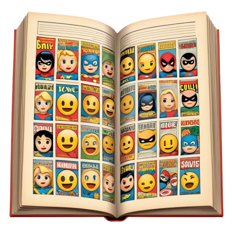 detailed and vintage-inspired emoji representing comic magazines and graphic novels as a storytelling art form. a large, open comic magazine with pages filled with classic American comic book panels. classic feel of old-school comic books a graphic novel. background transparent. No smiles! sticker