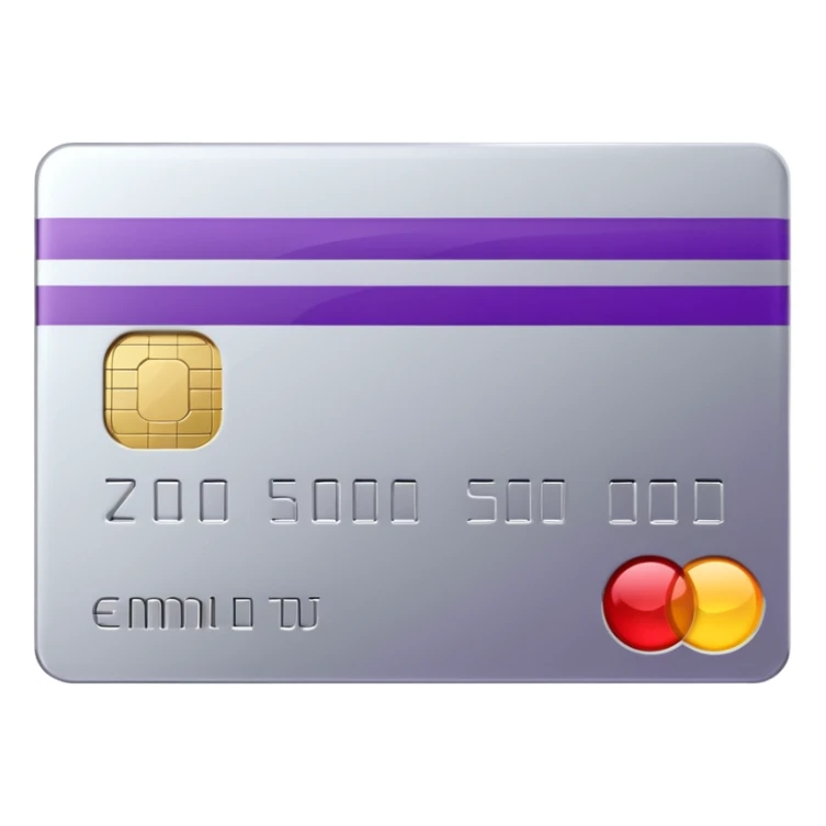 Shiny silver credit card with a purple stripe sticker