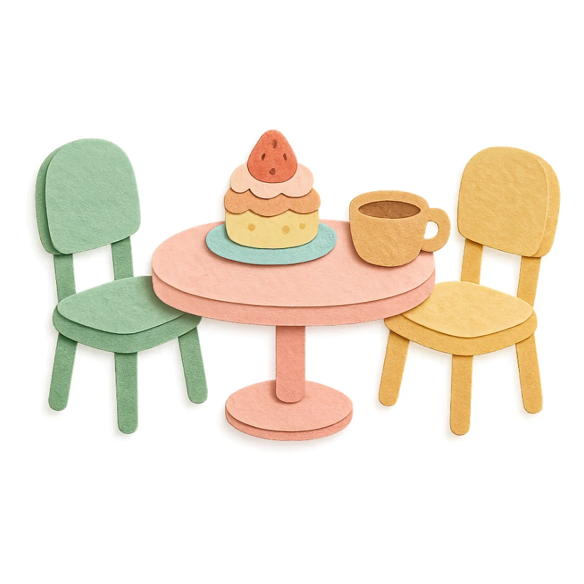 kawaii coffee shop table and chairs set with dessert and coffee, soft pastel hand-drawn illustration sticker