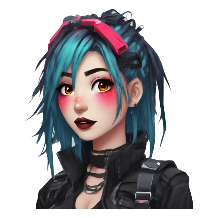 Gorgeous bright colorful neon gothic techwear anime style lady with blushing face aesthetic and pretty edgy black red punk messy hair with collar and harness trending style sticker