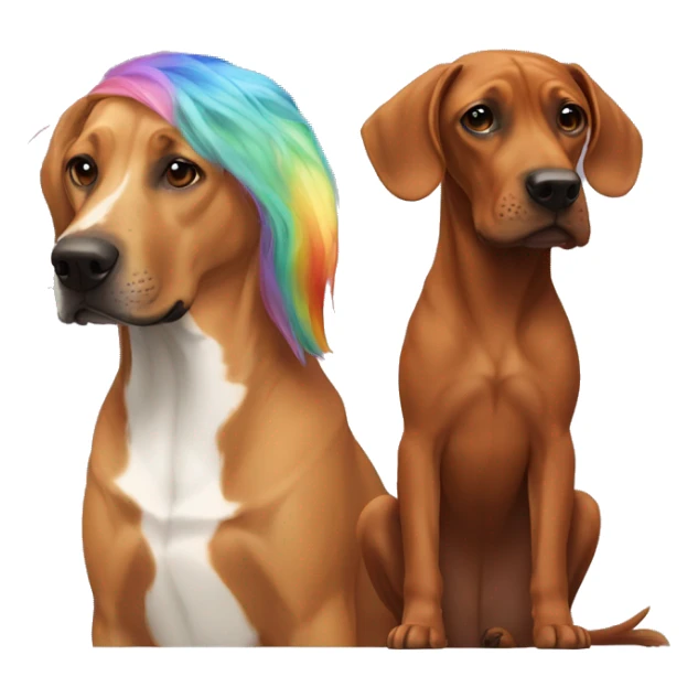 white male with long rainbow colored hair alongside a brown rhodesian ridgeback sticker