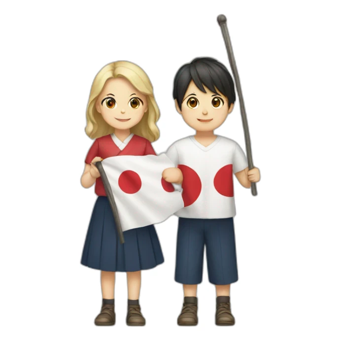 boy and girl holding Japanese flag sticker
