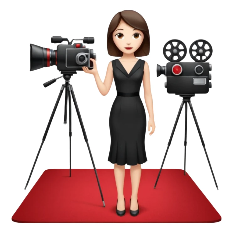 an actress standing on a red carpet with a formal dress, with a film camera next to her. sticker