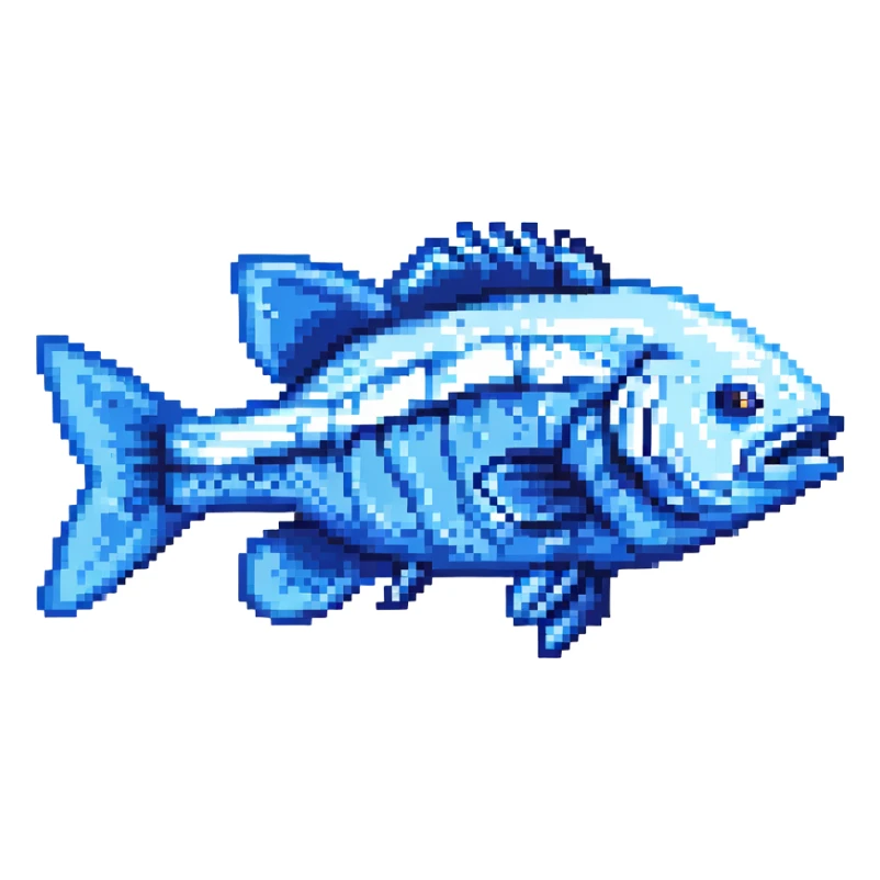 blue bass fish, pixel art style sticker