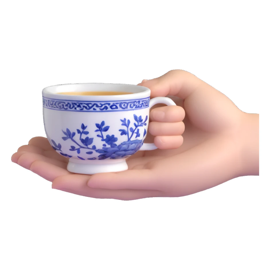human hand holding a small traditional Chinese blue and white porcelain tea cup without handle sticker