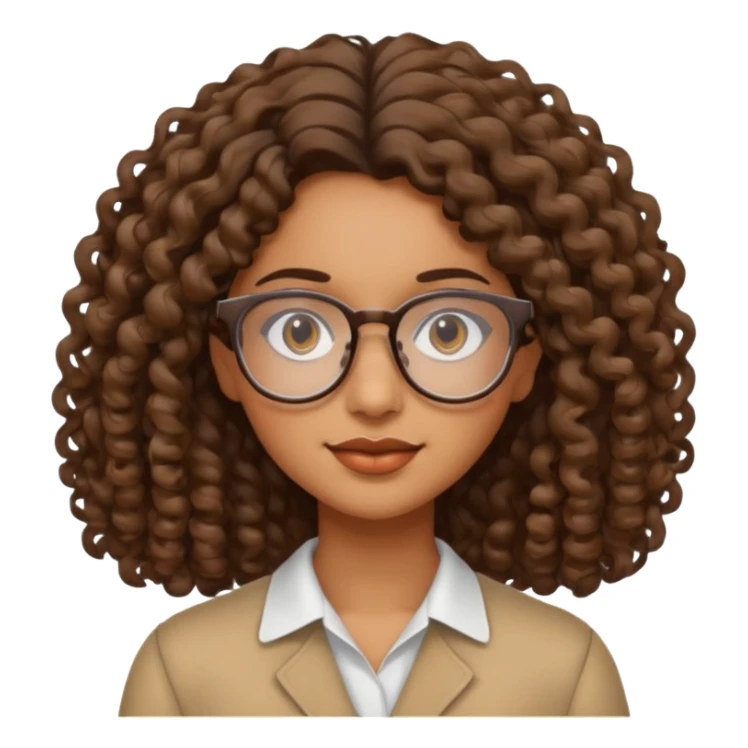 brown girl with wavy curly shoulder length hair. glasses, sticker