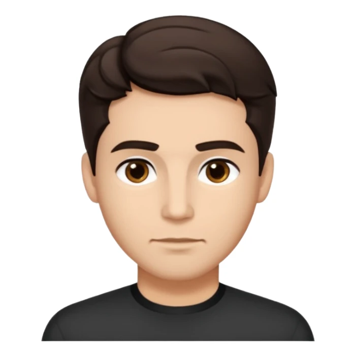 He’s a man with light to medium skin, a defined oval face, full brows, deep-set eyes, and wavy short dark brown hair styled with height, sides are trimmed. expression calm and focused relaxed black open-collar .polished, articulate, and trainer vibe. sticker