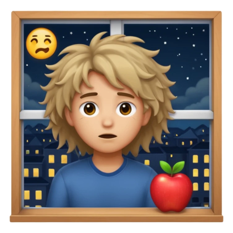 tired student with laptop, window at night behind, messy hair, apple style emoji sticker