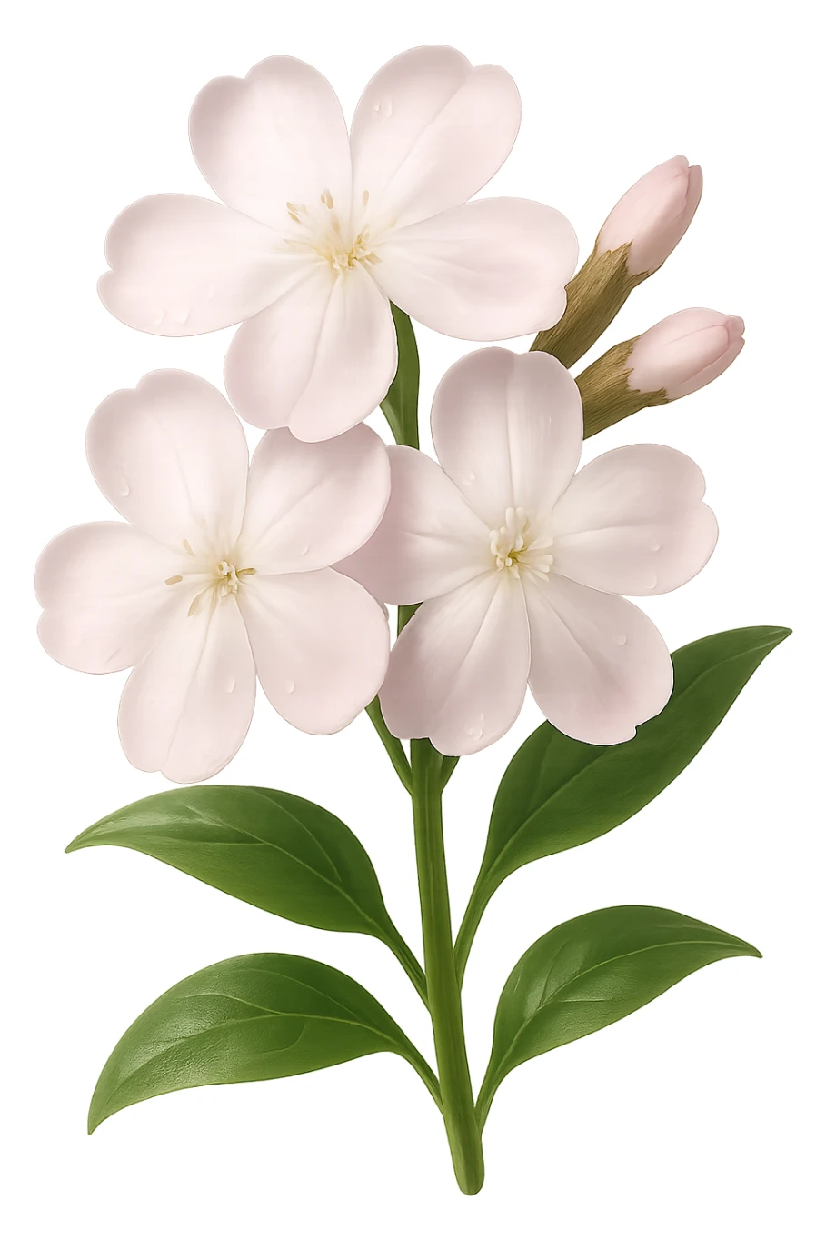 Create 3D iOS-style realistic soapwort (Saponaria) flowers with delicate pale pink petals, green stems and leaves, soft lighting, and a glossy effect. The image should have no background. Style: GPT Image. sticker