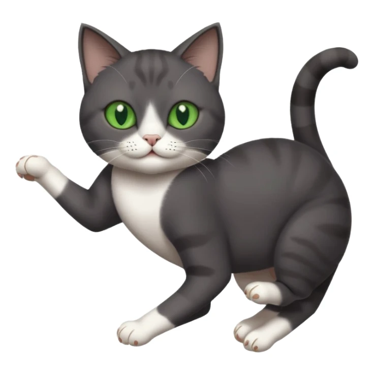 dark grey cat with green eyes, white toes/paws and white patch on her chest playfully rolling upside down sticker