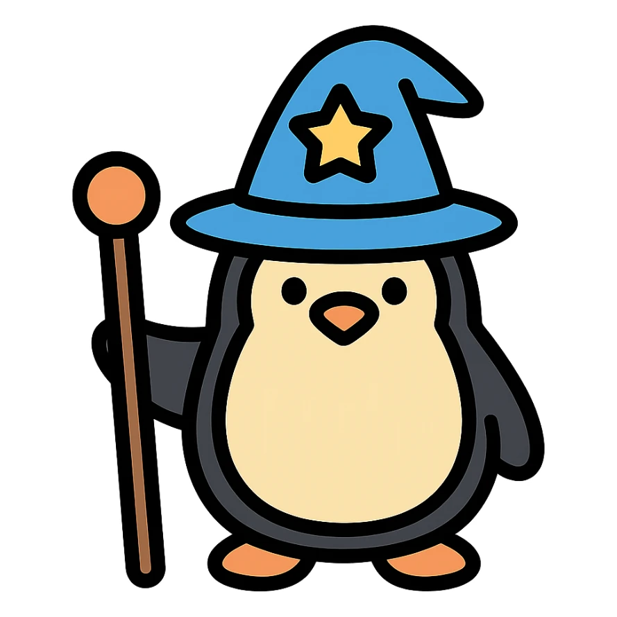 penguin wizard holding a staff, wearing a wizard hat, colored icon with black outlines sticker