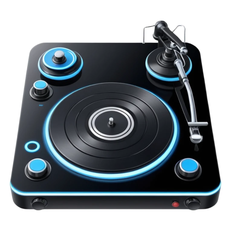 Two sleek, modern turntables with glowing buttons and sliders, connected by a central mixer. Minimal, bold lines and smooth shading so it looks like a real emoji. Simple and clean, designed to be recognizable even at small size. sticker