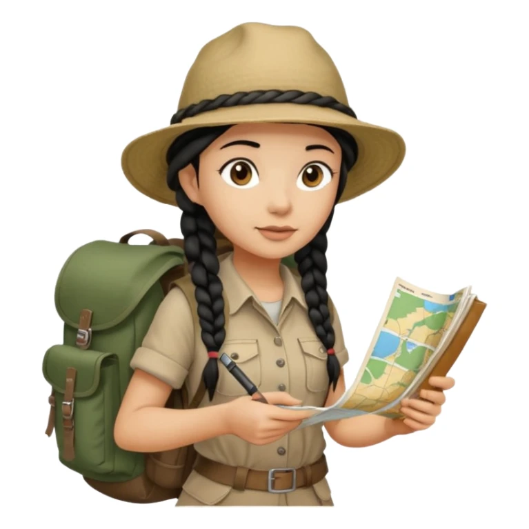 A braid black hair backpacking woman checking her map with curious eyes while walking with camping hat and dirt covered bootsfull body sticker
