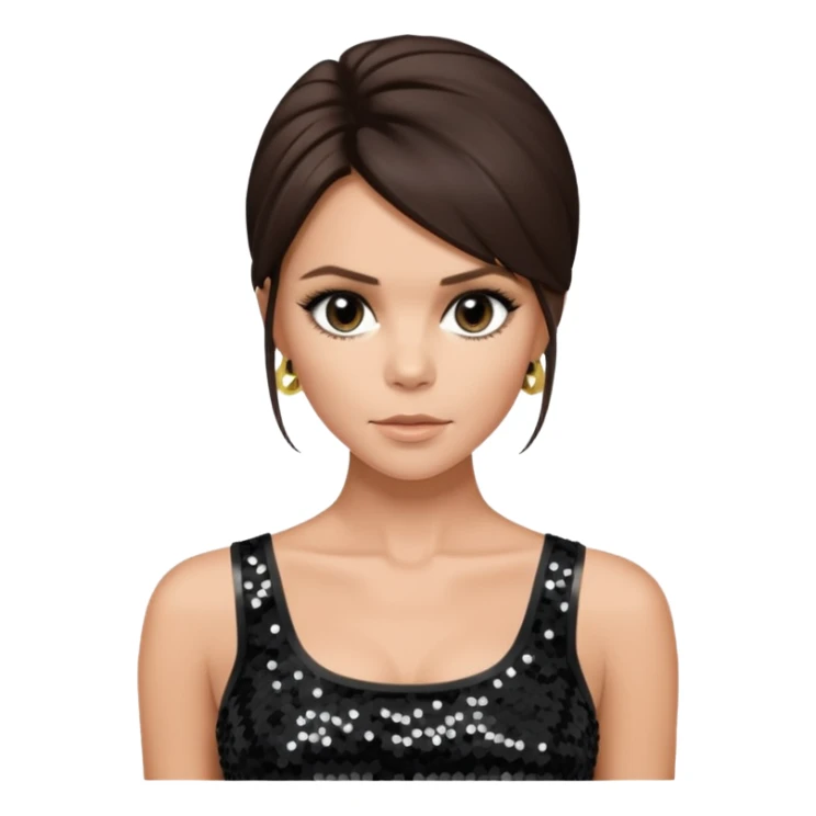 Victoria Beckham with dark brown hair, black sequin crop top sticker