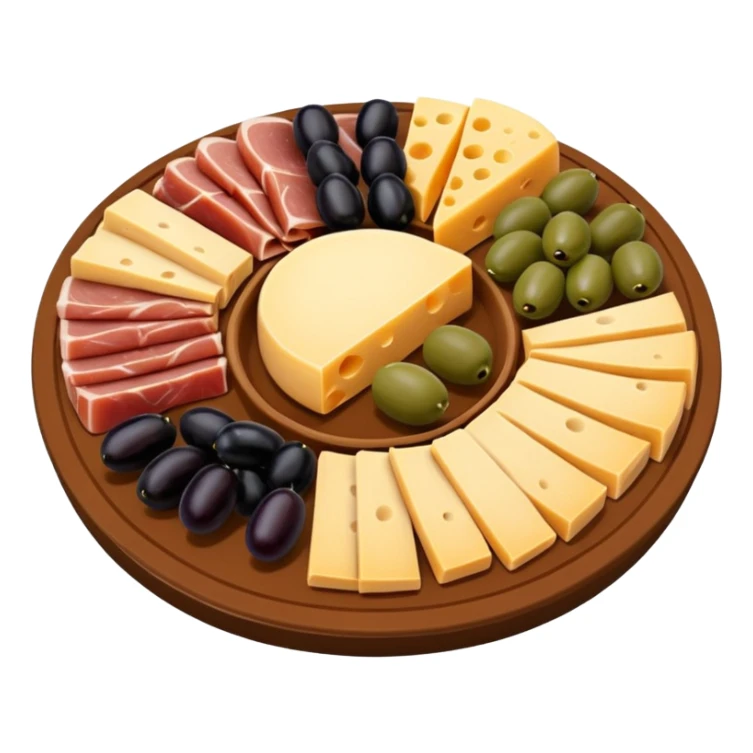 A 3D cartoon platter of assorted deli items like sliced meats, cheese, and olives, colorful and appetizing, Memoji-style. sticker